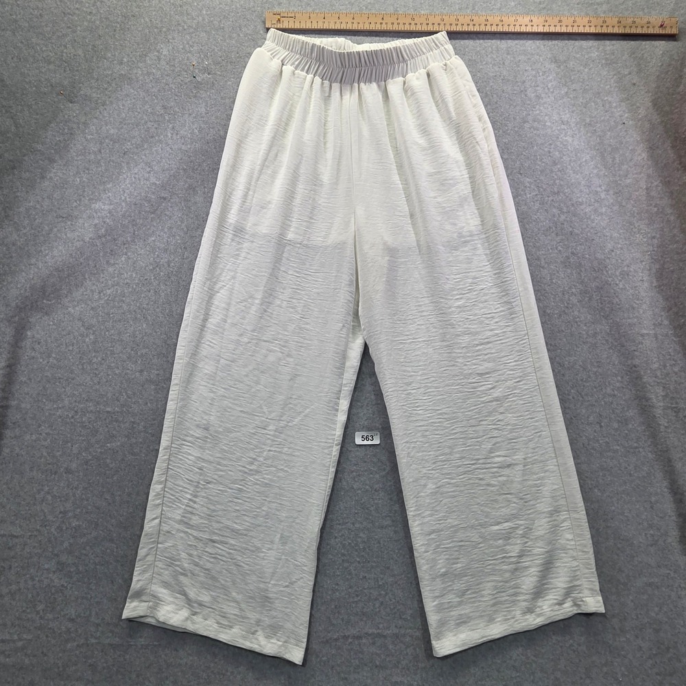 KLd Womens Wide Leg Elastic Waist Crinkle Textured Pants Off White Cream Size M‎